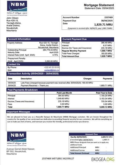 Modèle Word et PDF de relevé hypothécaire de la Nouvelle Banque de Mauritanie (NBM) de Mauritanie